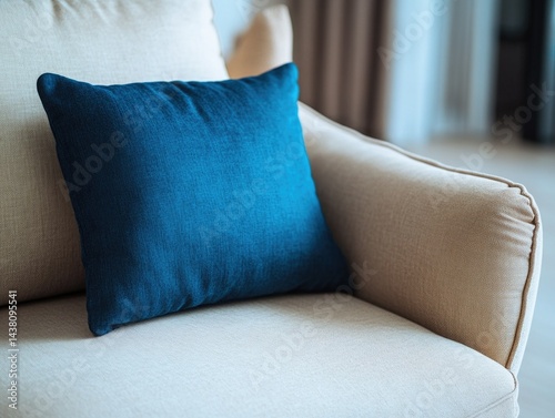 The image features a cozy, modern setting with a large beige couch in the foreground. The couch is well-made and inviting. On top of it sits a square blue throw pillow that adds a pop of color to the