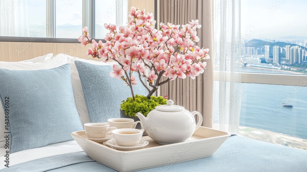 Naklejka premium Serene Tea Setting with Cherry Blossom in Modern Bedroom Overlooking Cityscape