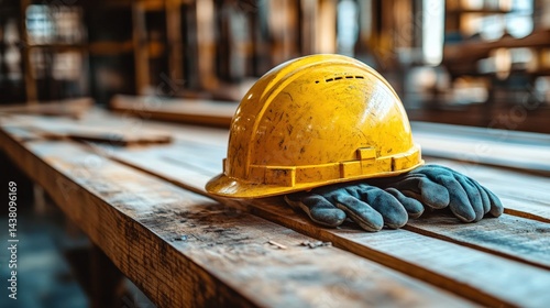 Yellow hard hat and gloves resting on wooden planks in a well-lit construction workshop