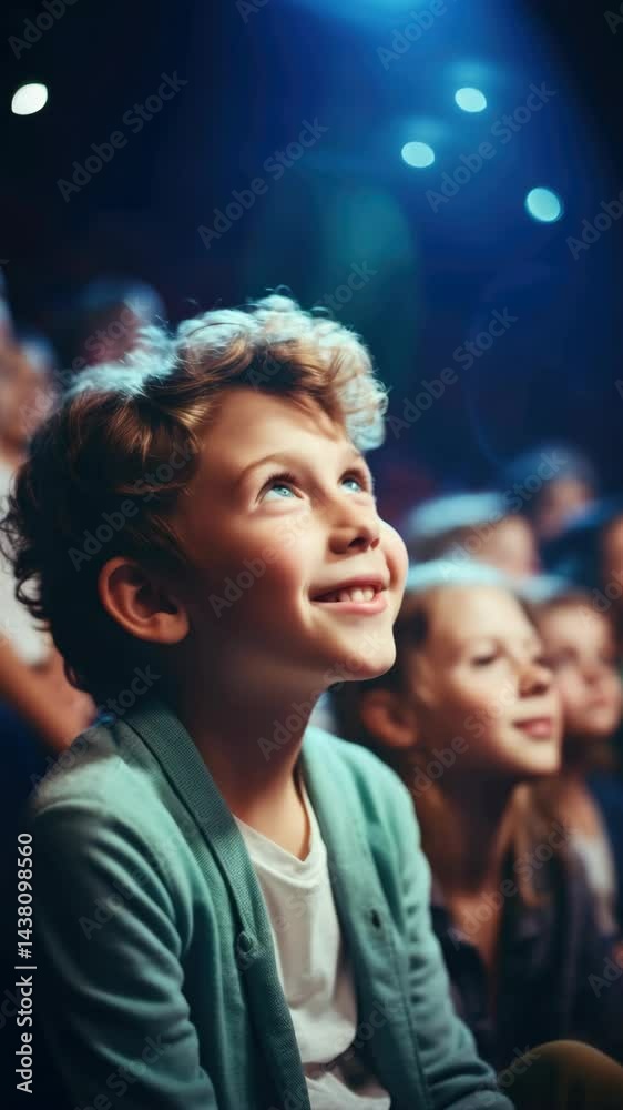 A young boy is smiling and looking up at the stage while a group of children look on. Scene is happy and joyful, as the children are enjoying a performance or event together A young boy is smiling and looking up at the stage while a group of children look on. Scene is happy and joyful, as the children are enjoying a performance or event together