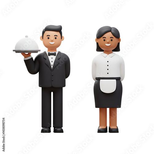 3D Waiter Waitress Restaurant Staff Illustration