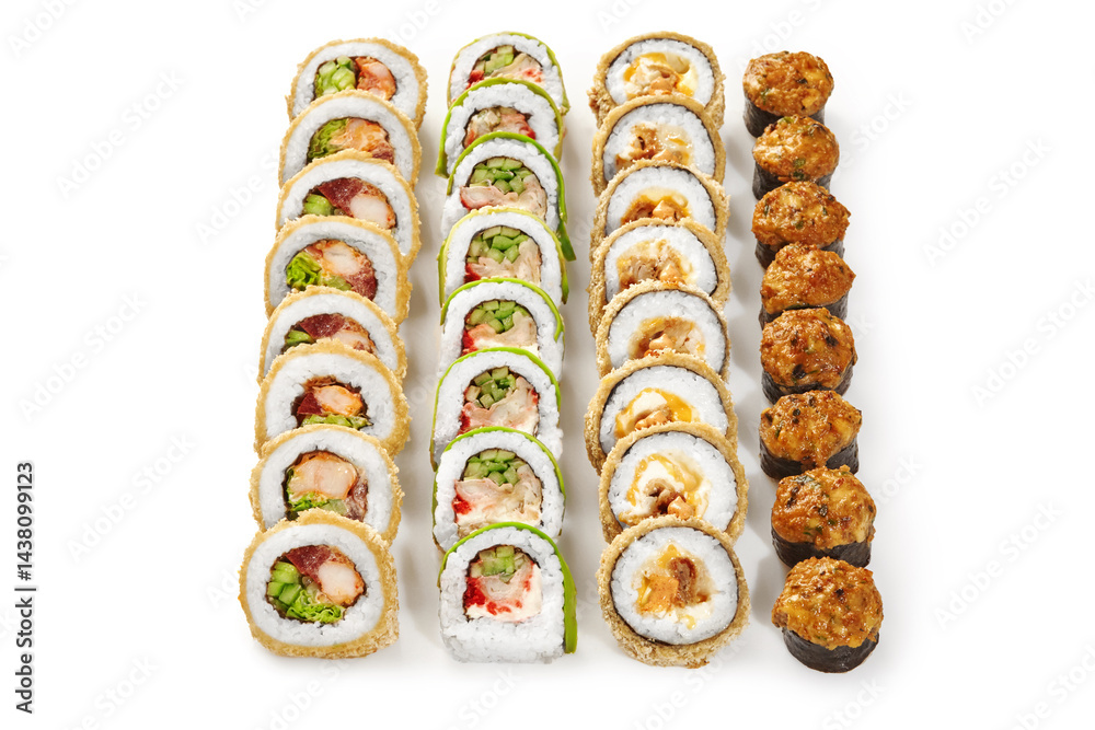 Four rows of delicious tempura and roasted sushi rolls displaying on white background