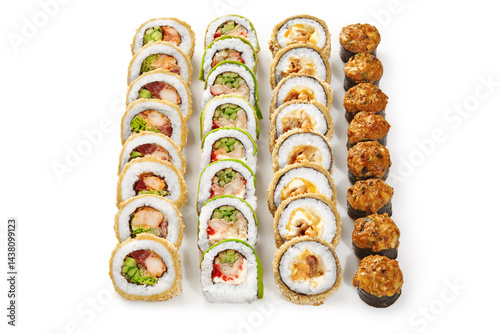 Obraz na płótnie Four rows of delicious tempura and roasted sushi rolls displaying on white background w salonie