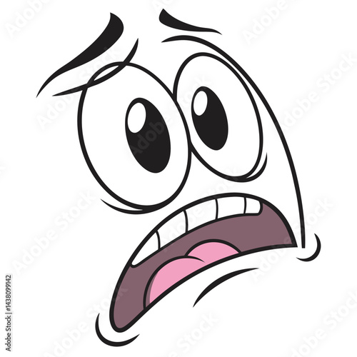 Cartoon Face with Worried Expression, Wide Eyes, Open Mouth, Stylized Design on White