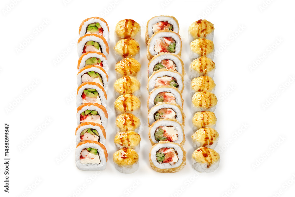 Delicious sushi rolls beautifully arranged on white background