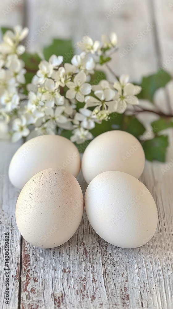 Fresh white eggs arranged on a rustic wooden surface with delicate white blossom flowers in the background, captu natural breakfast food and farm fresh produce scene Fresh white eggs arranged on a rustic wooden surface with delicate white blossom flowers in the background, captu natural breakfast food and farm fresh produce scene