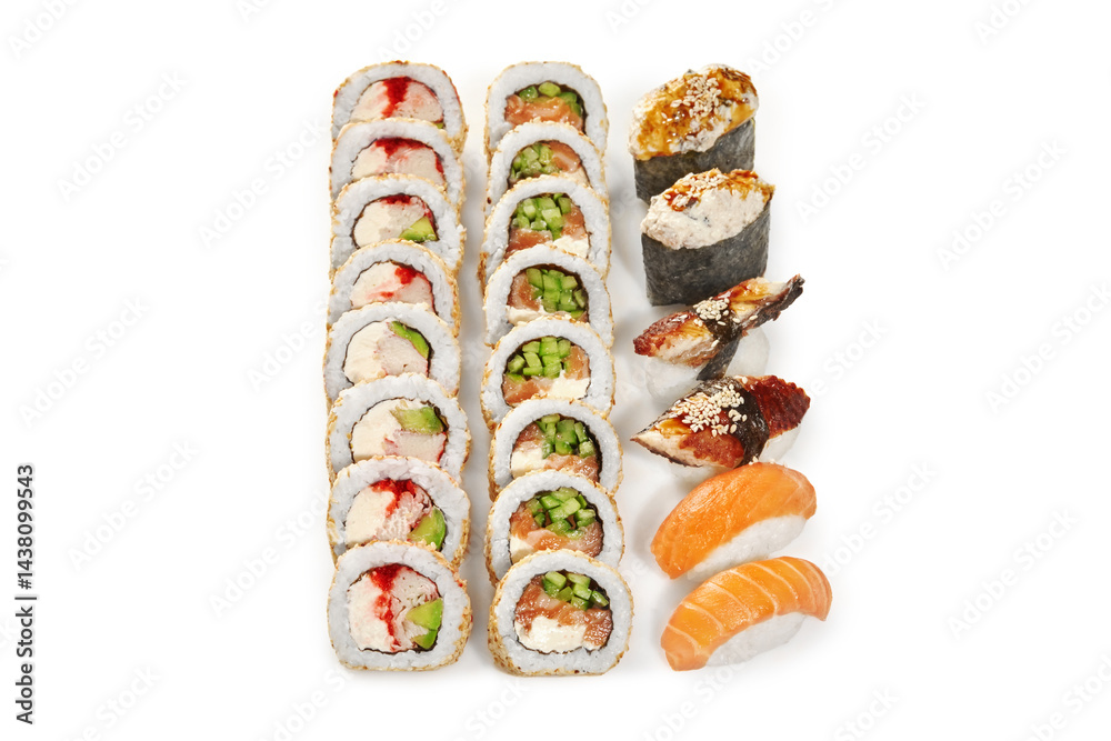 Sushi set with variety of rolls and nigiri displaying delicious ingredients