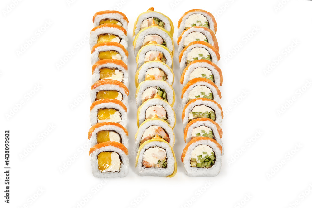 Sushi rolls with mango, cucumber and shrimp filling on white background
