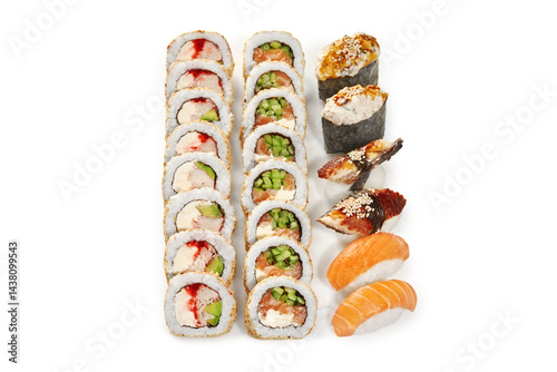 Obraz na płótnie Sushi set with variety of rolls and nigiri displaying delicious ingredients w salonie