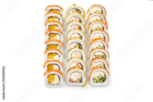 Obraz na płótnie Sushi rolls with mango, cucumber and shrimp filling on white background w salonie