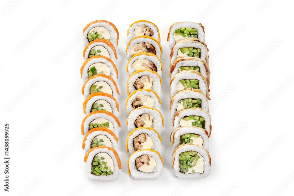 Sushi rolls with various fillings are creating a colorful and delicious display of japanese cuisine