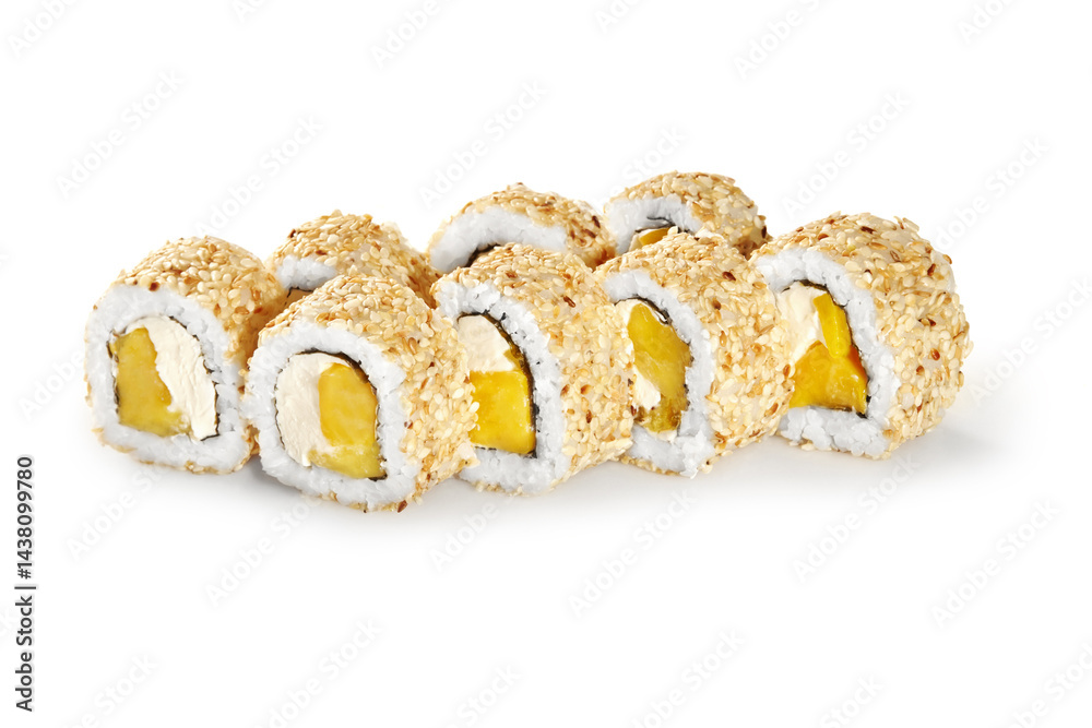 Uramaki sushi rolls with mango and cream cheese covered in sesame seeds on white background