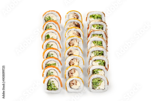 Obraz na płótnie Sushi rolls with various fillings are creating a colorful and delicious display of japanese cuisine w salonie