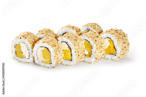 Obraz na płótnie Uramaki sushi rolls with mango and cream cheese covered in sesame seeds on white background w salonie
