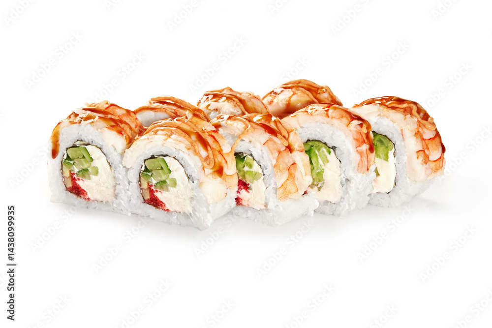 Delicious sushi rolls with shrimp, cucumber, cream cheese, and tobiko on white background