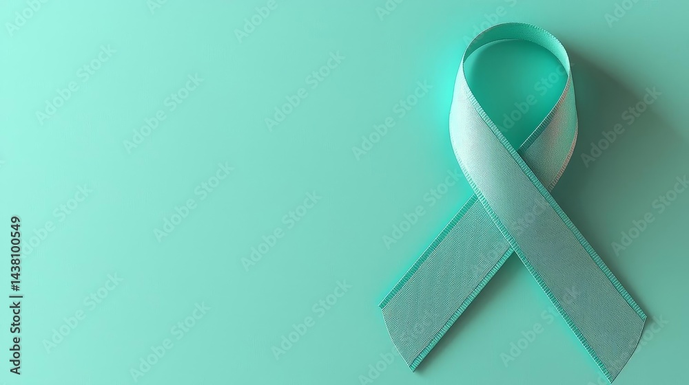 A teal awareness ribbon on a solid background. World Ovarian Cancer Day A teal awareness ribbon on a solid background. World Ovarian Cancer Day