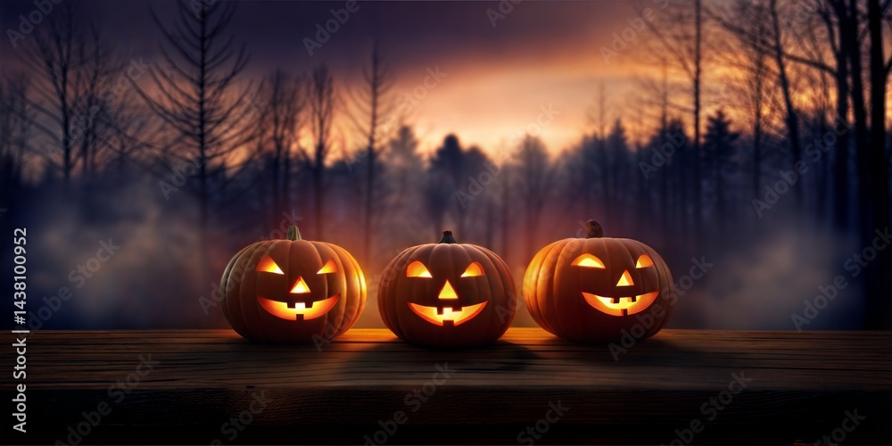 Fototapeta premium Eerie Halloween Sunset with Haunted Jack-O'-Lanterns on a Foggy Forest Bench