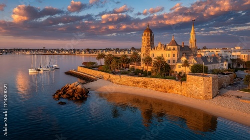 Coastal town at sunset, with a historic building and boats on the water. Golden hour light reflects on calm water.
