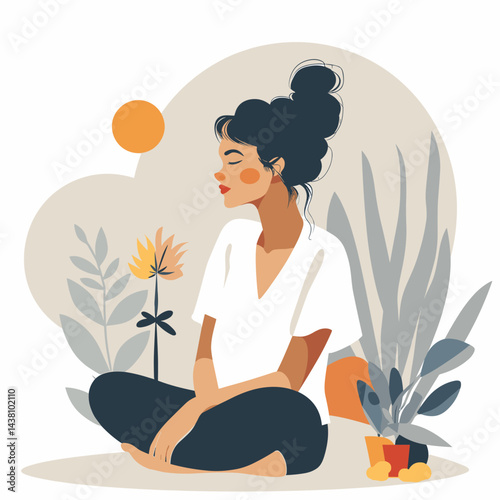 Woman meditating in lotus position. Vector illustration in flat style.
