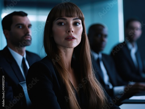 This image depicts a woman in a professional setting, seated in front of a group of men, likely attending a meeting or conference. She appears focused and engaged with the conversation at hand. photo