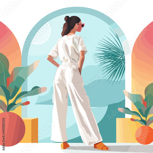 Young woman in a white jumpsuit standing near the window. Vector illustration