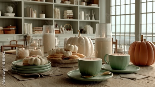 Wallpaper Mural Cozy autumn scene with white and orange pumpkins, burning candles, and two cups of warm beverage on a table. Torontodigital.ca