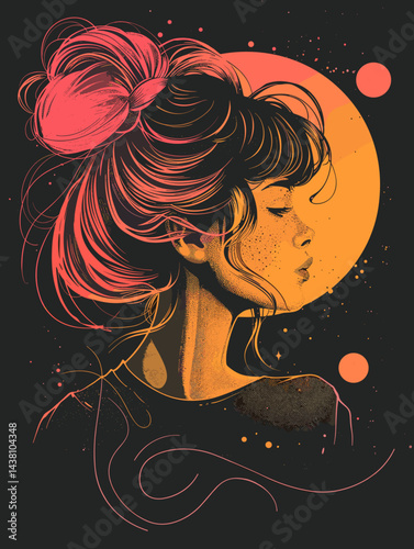 Portrait of beautiful girl with hair bun. Vector illustration. Vintage style.