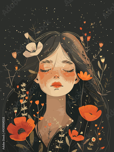 Vector illustration of a beautiful woman face with flowers on dark background.