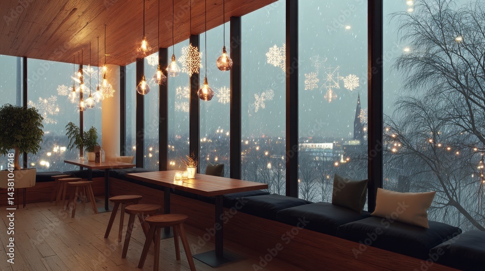 Fototapeta premium Cozy cafe interior with panoramic city view on a snowy evening, warm lighting, and comfortable seating.