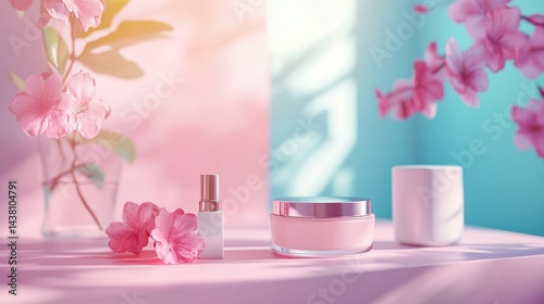 The image showcases a charming setup with a clear focus on skincare and beauty. A collection of pink-toned cosmetic products is arranged on a table, creating an inviting atmosphere. The items are