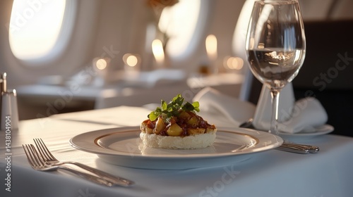 Obraz na płótnie Luxurious gourmet dish plated on crisp white tablecloth during premium first-class flight service where elite passengers enjoy exclusive culinary. Ultimate luxury travel satisfaction and comfort. w salonie