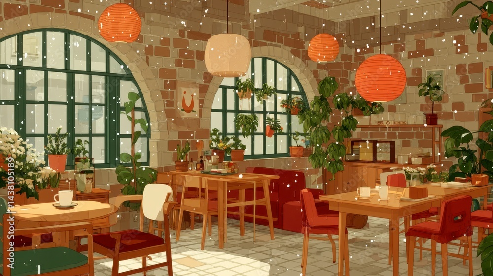 Obraz premium Cozy cafe interior with warm lighting, plants, and snowfall. Pixel art style.