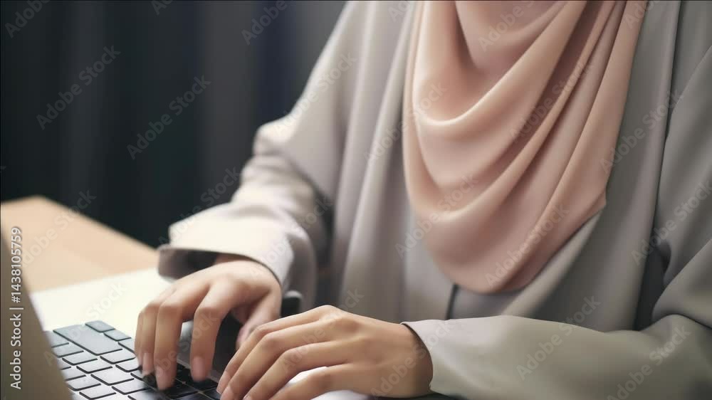A woman wearing a scarf is typing on a laptop. Concept of focus and concentration as the woman works on her computer. The scarf adds a touch of elegance and cultural significance to the scene