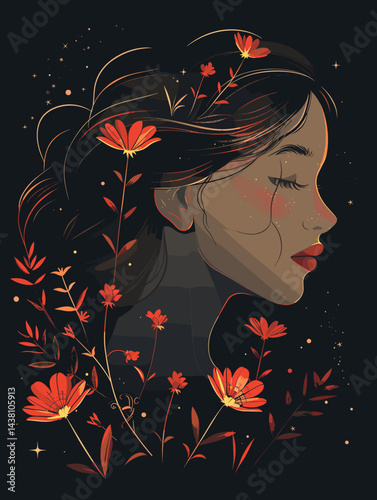 Vector illustration of a beautiful girl with flowers in her hair on a dark background
