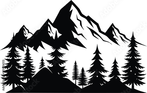 Mountain and Pine tree forest black silhouette,forest scenery illustration