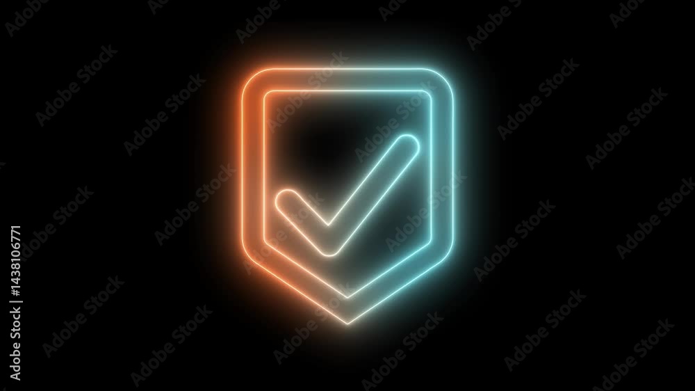 Glowing Checkmark in Shield Icon, Animated Neon Tick Symbol Glowing Checkmark in Shield Icon, Animated Neon Tick Symbol