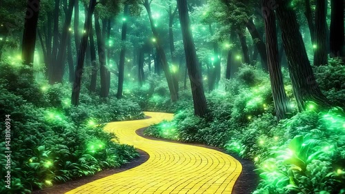 Magical Forest Pathway with Glowing Yellow Brick Road and Fireflies

