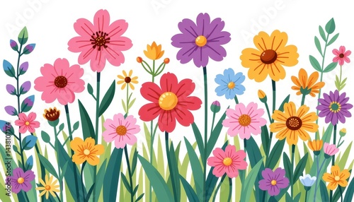 Vibrant Colorful Wildflowers Blooming in a Lush Summer Meadow Meadow Floral Background Illustration