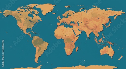 Detailed vector world map illustration with topographical shading and oceans