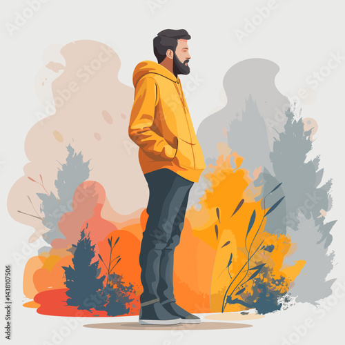Vector illustration of a bearded man in a yellow jacket standing in the autumn park.