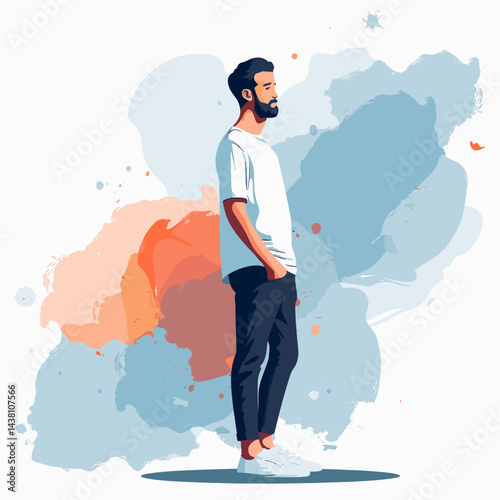 Vector illustration of a young man standing in front of colorful background.