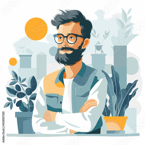 Hipster man with beard and mustache. Vector flat illustration.
