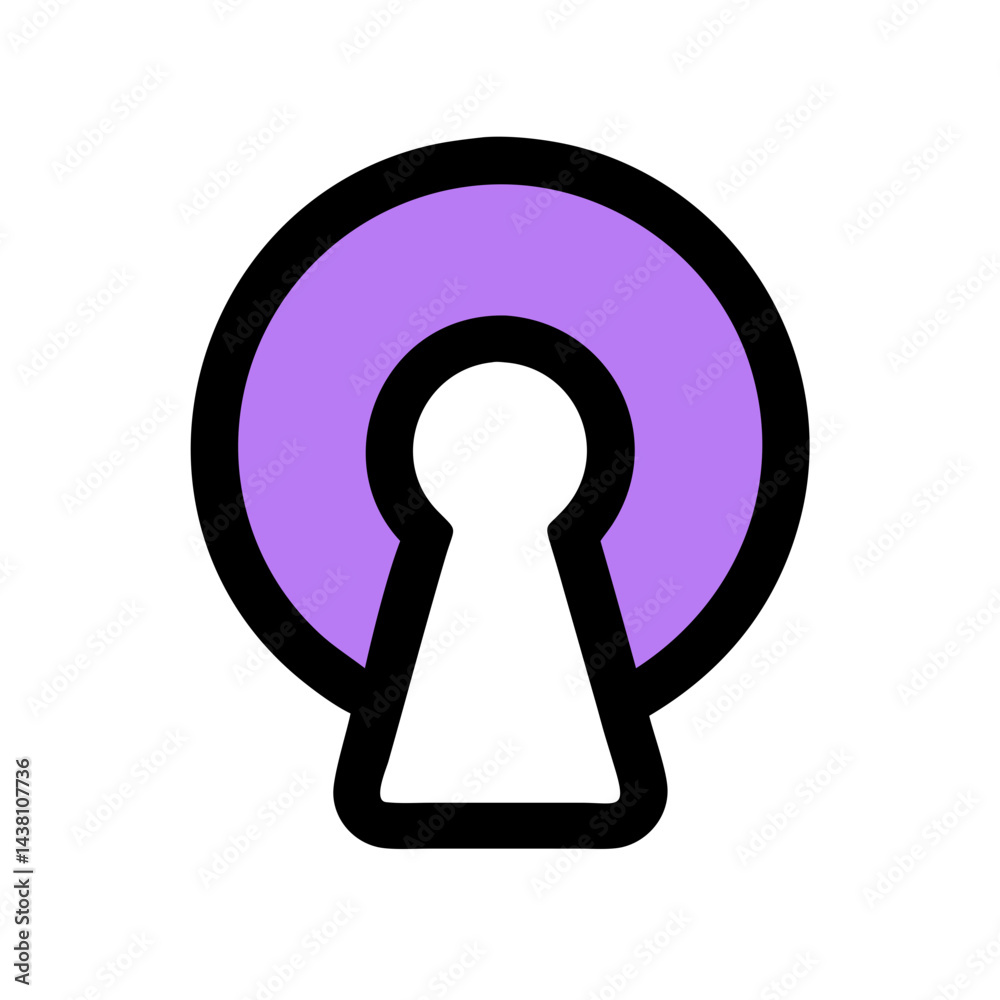 simple line art icon of a keyhole, filled with purple, enclosed in a black circle. Represents security or access. Use on tech blogs, security websites, and user interface designs. simple line art icon of a keyhole, filled with purple, enclosed in a black circle. Represents security or access. Use on tech blogs, security websites, and user interface designs.