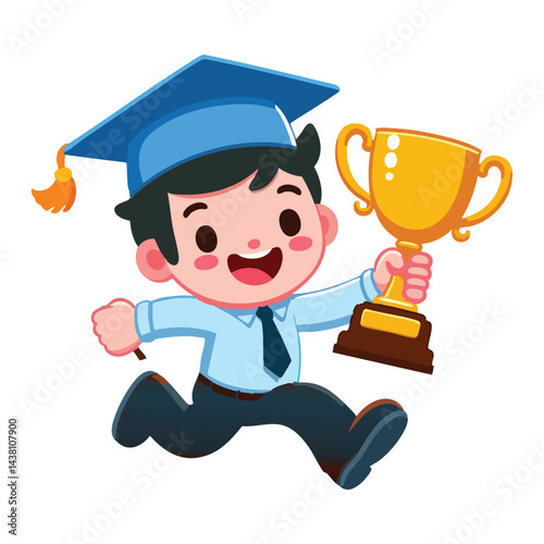 Boy happily running graduation celebration with winning trophy
