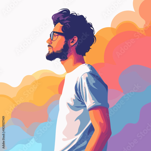 Hipster man vector illustration. Stylish hipster guy with beard and mustache on colorful background.