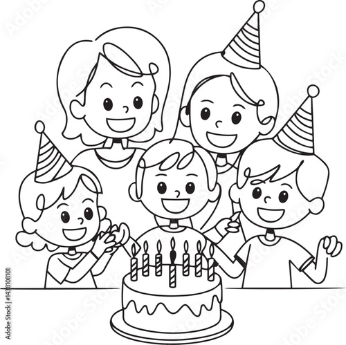A joyful black and white continuous line art of a family celebrating a child's birthday with a traditional cake creating a festive and heartwarming scene on a white background