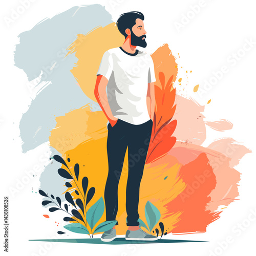 Hipster man vector illustration. Stylish hipster guy with beard and mustache on colorful background.