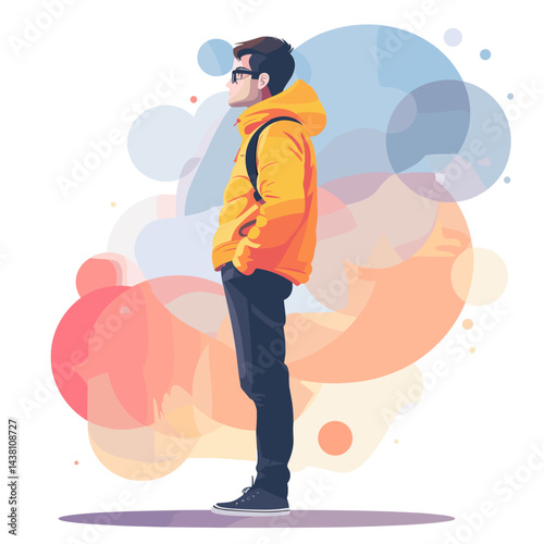 Hipster guy in a yellow jacket and glasses. Vector illustration
