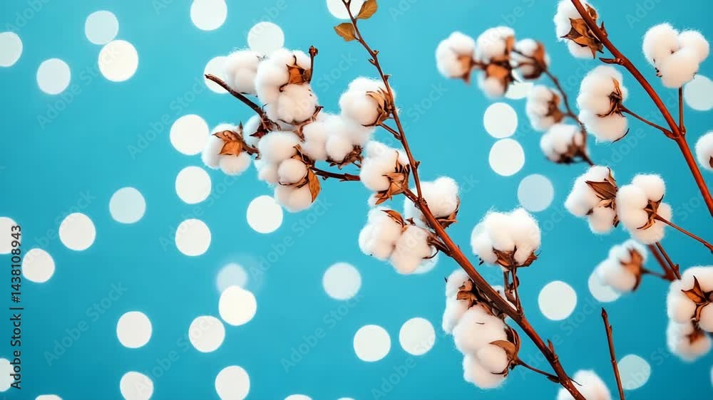 Cotton branches with white bolls against a vibrant blue background with soft glowing lights during a festive occasion