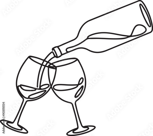 A graceful black and white continuous line art of three wineglasses with one pouring wine into another celebrating elegance and sophistication on a bright white background